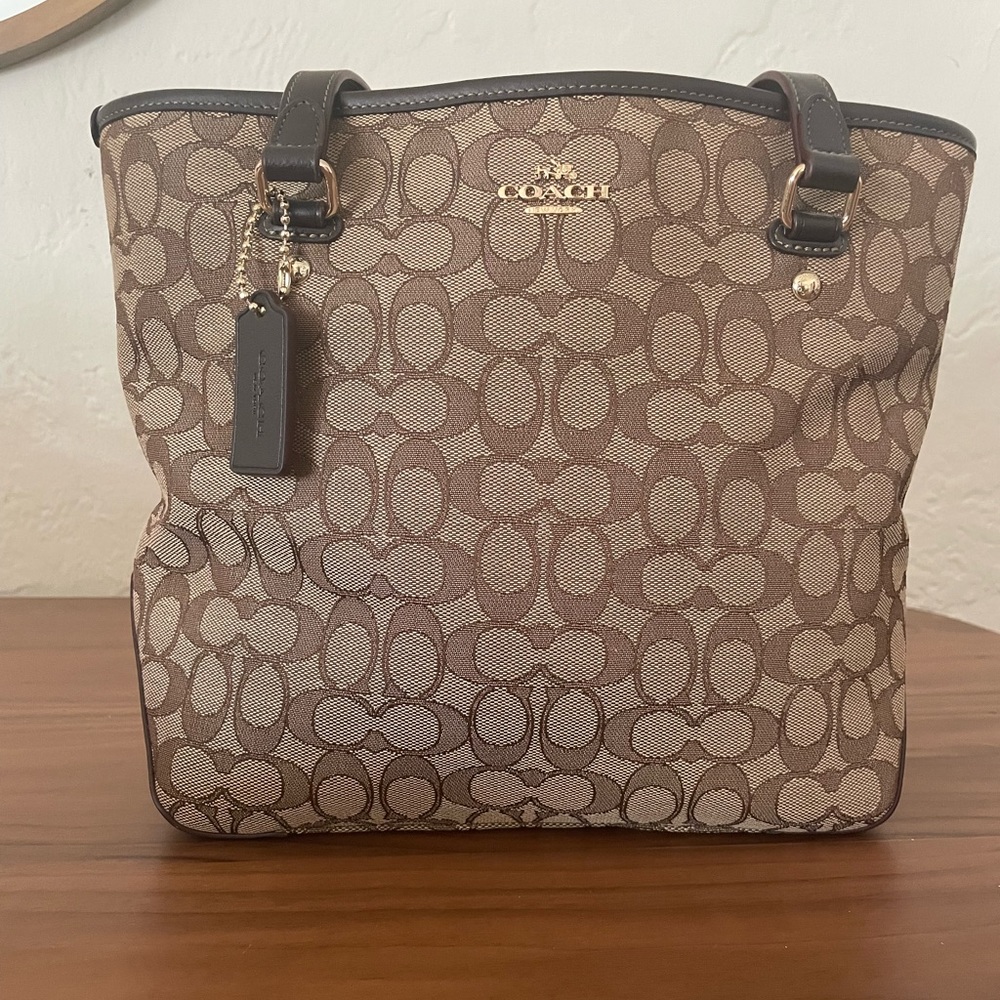 Coach brown canvas and leather tote bag